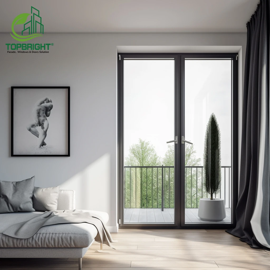 Topbright Black Color Thermal Break Aluminum Doors Glass Hinged Front French Door Exterior Patio