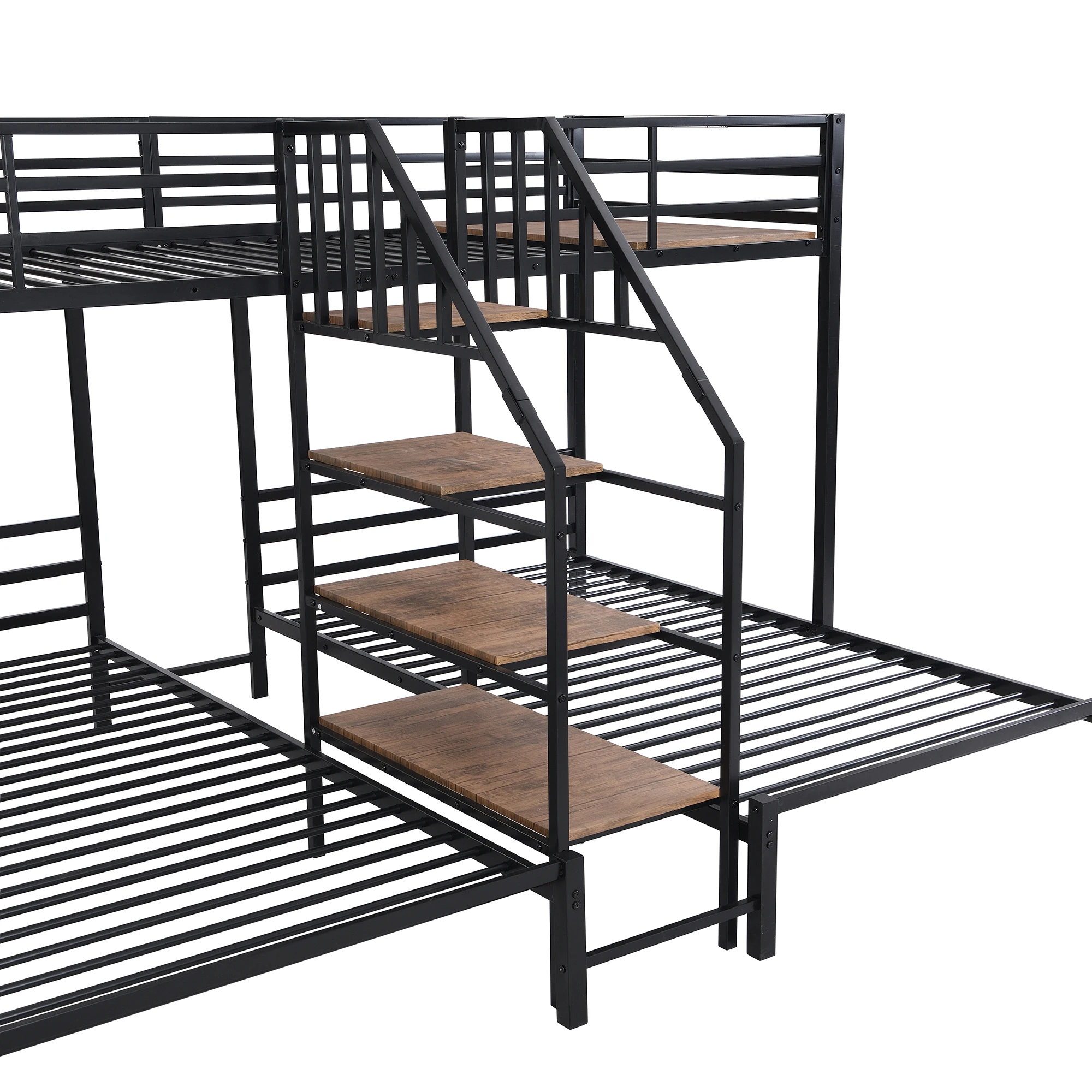 Twin Metal Bunk Bed Triple Bunk Bed Frame with Storage Shelves Staircase