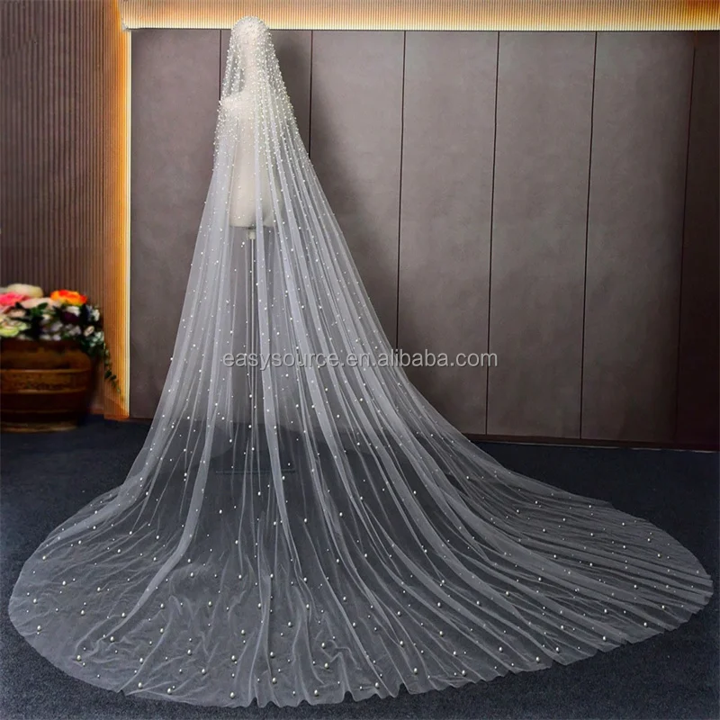 YM131 gorgeous Pearls Cathedral Veil with Comb Soft 1 Tier Wedding Veil for Bride Wedding Accessories