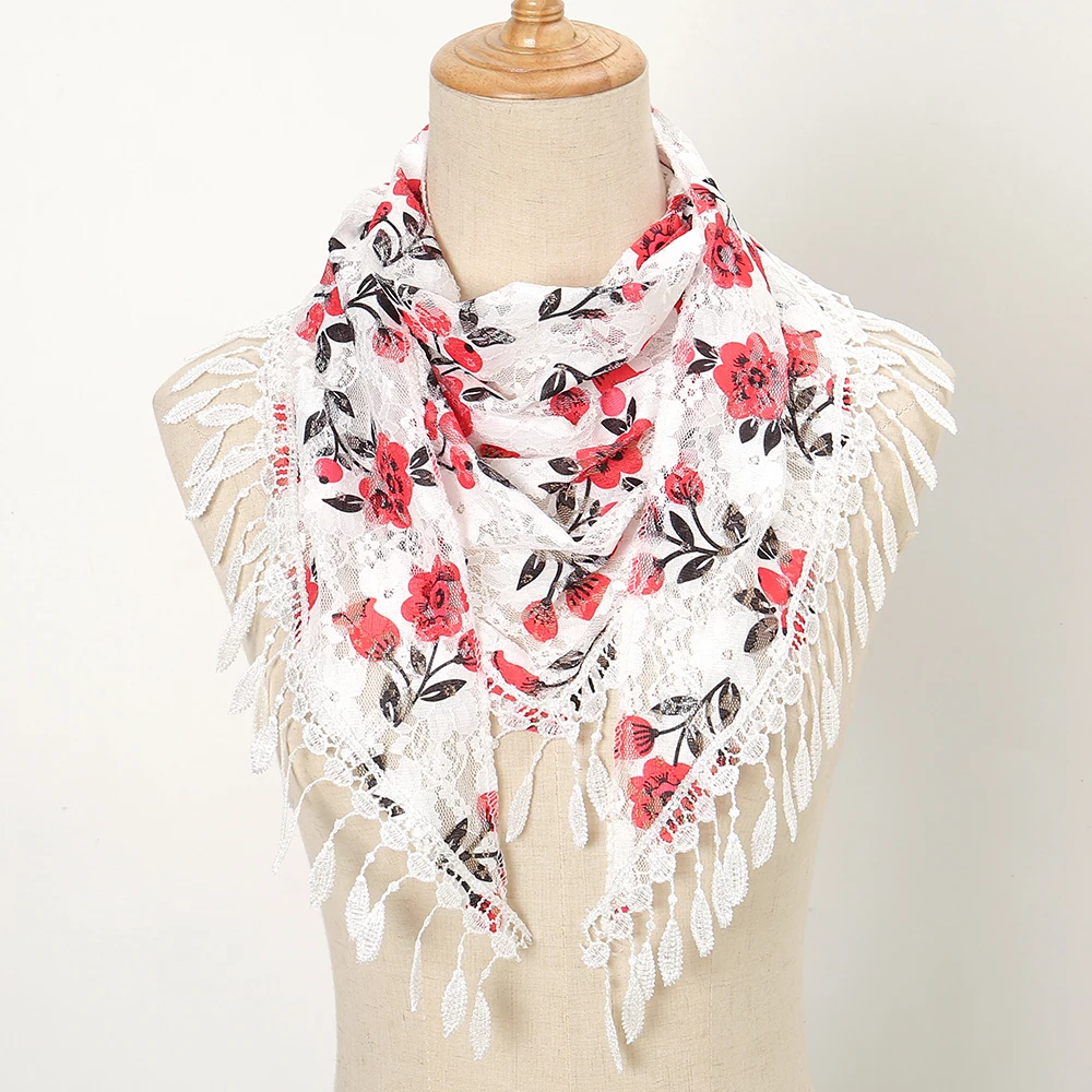 New Design Fashion Woman Scarf Summer Embroidery Printed Hijab Floral Lace Triangle Shawl