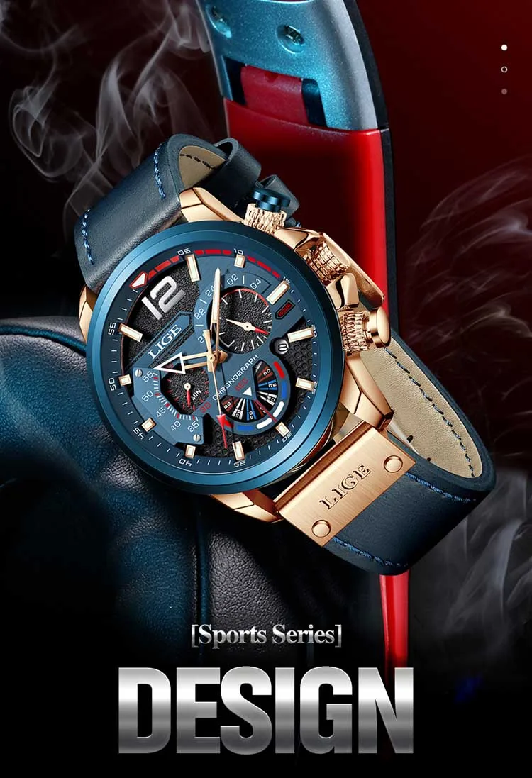 LIGE LG8959 new arrival blue male quartz watch low cost PU leather band 3 dials chronometer old sports hand watch