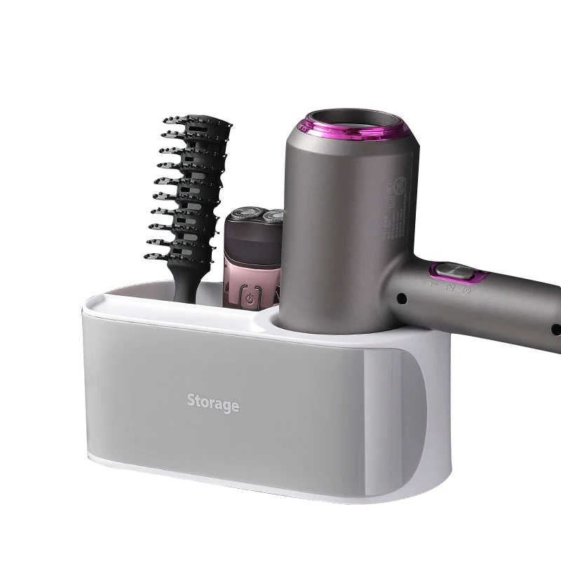 
Wall Mounted Design Suction Cup Hair Dryer Holder Comb Stand Set White Plastic Bathroom Storage Organizer 