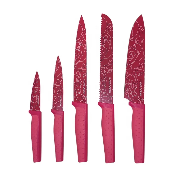 
High Quality Home 5 Piece Red Color Handle Stainless Steel Non-stick Coating Kitchen Knife Set 