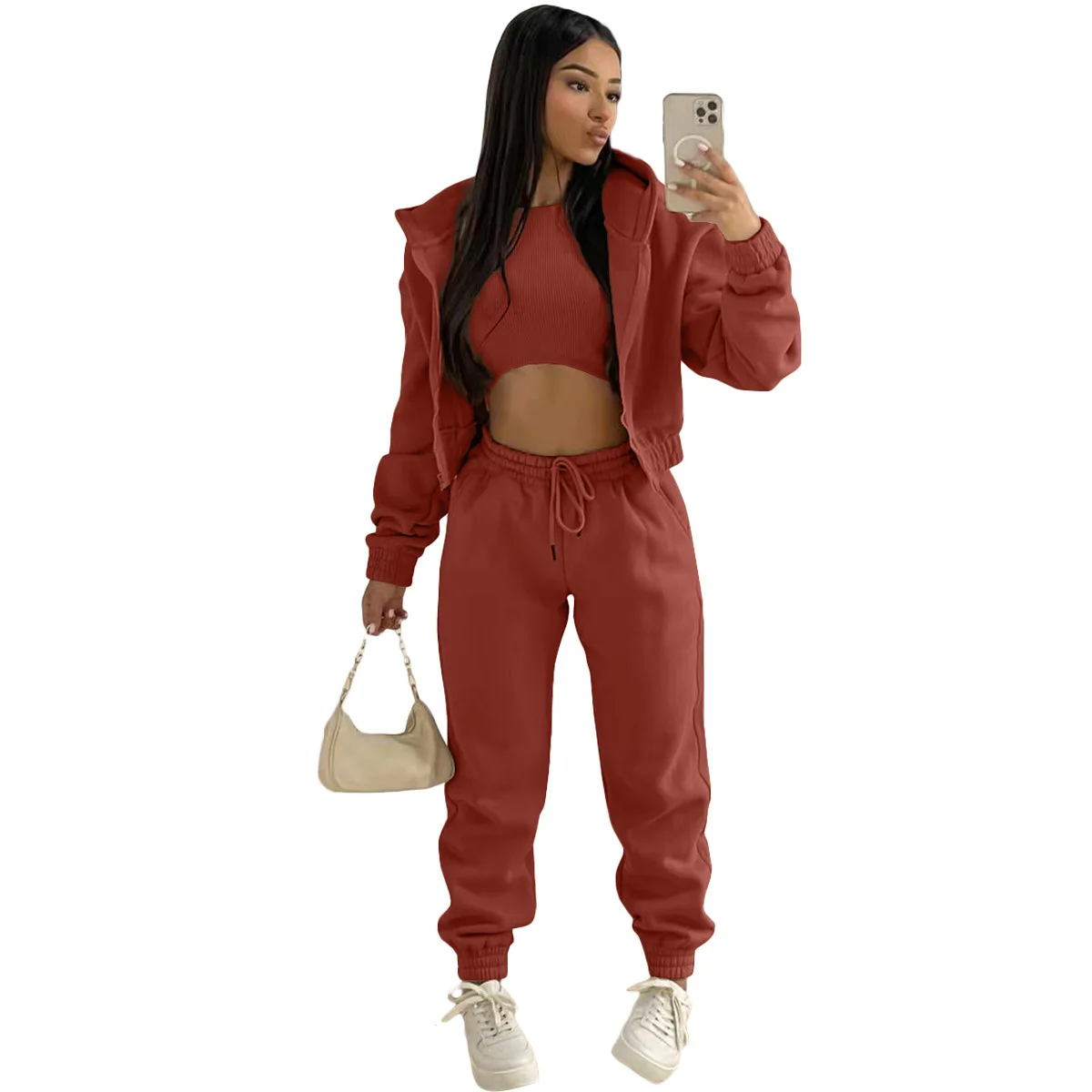Ladies Active wear sets three piece sets tank top sweatpants matching jackets tracksuits sets hoodies long sweatpants spring