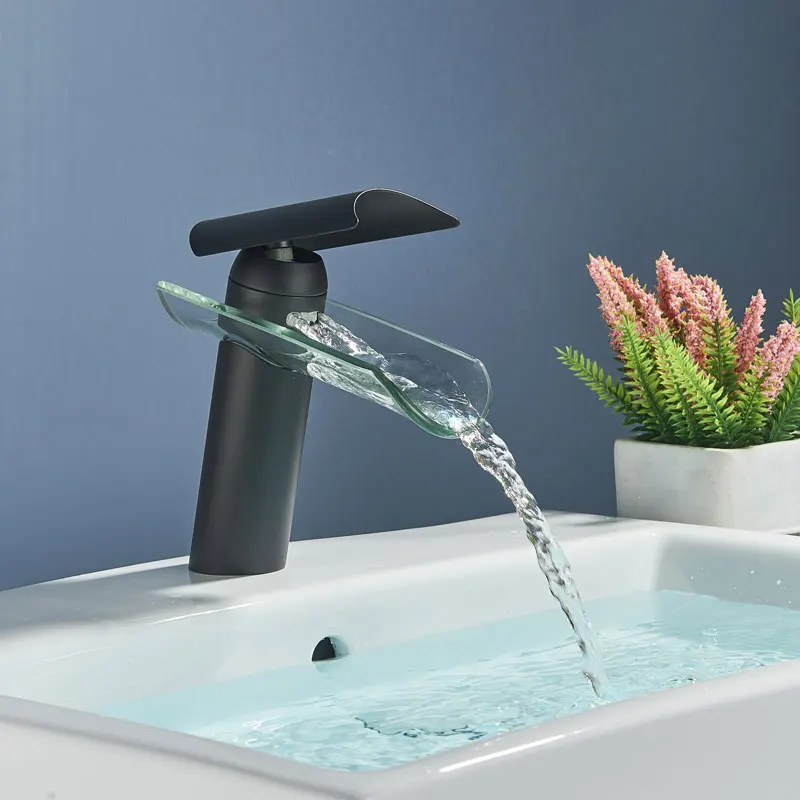 Waterfall Black Bathroom Faucet Hot Cold Mixer Crane Basin Tap Glass Design For Bathroom Sink Deck Mount