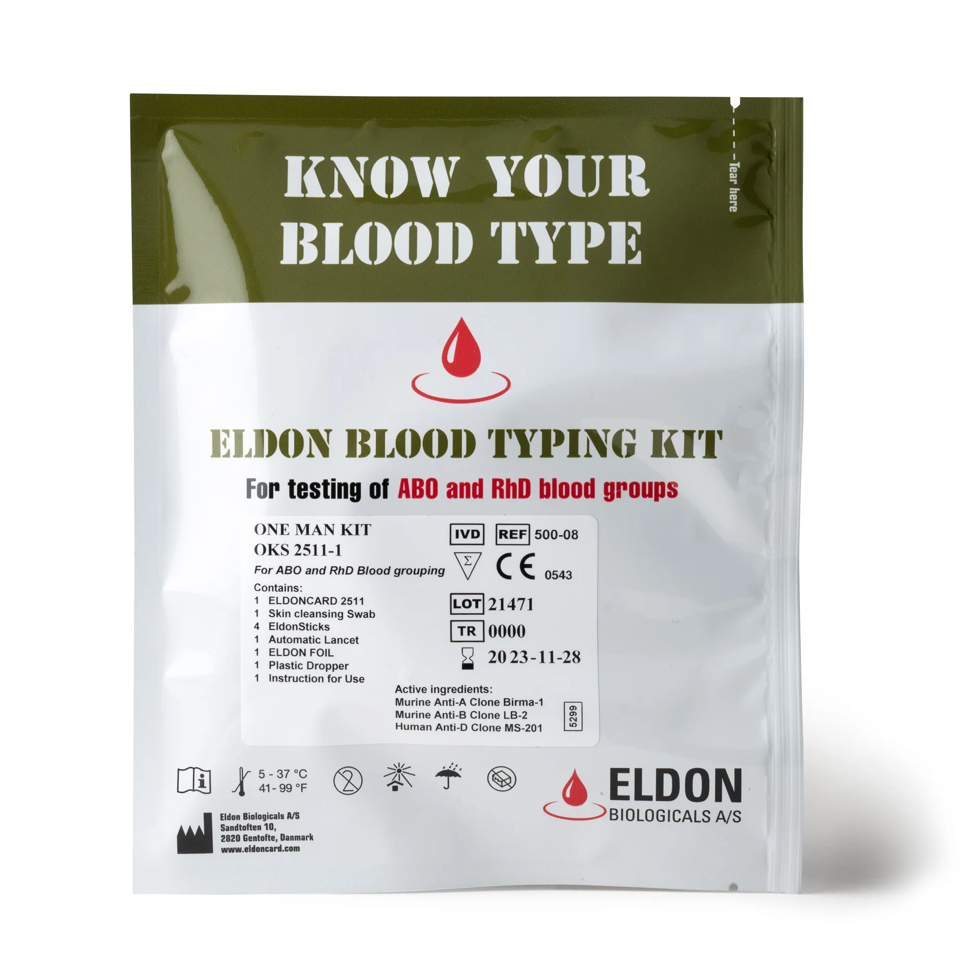 One Man Kit POC medical device to efficiently and quickly determine AB0 and Rhesus blood types made in Denmark