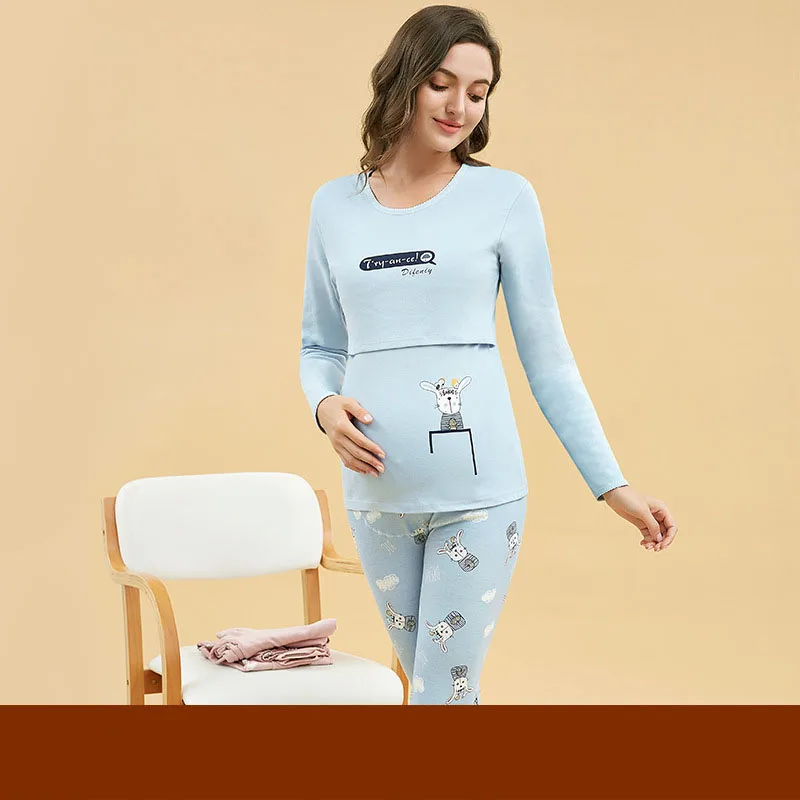 Новая Хлопковая пижама для кормления грудью брюки с длинными рукавами для беременных женщин костюм Одежда для беременных