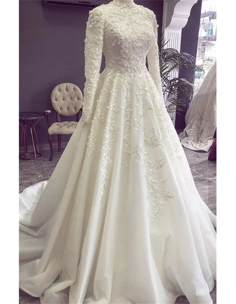 VLLUSISA Exquisite Satin Muslim Wedding Dresses High Neck Long Sleeve Arabic Bridal Gowns