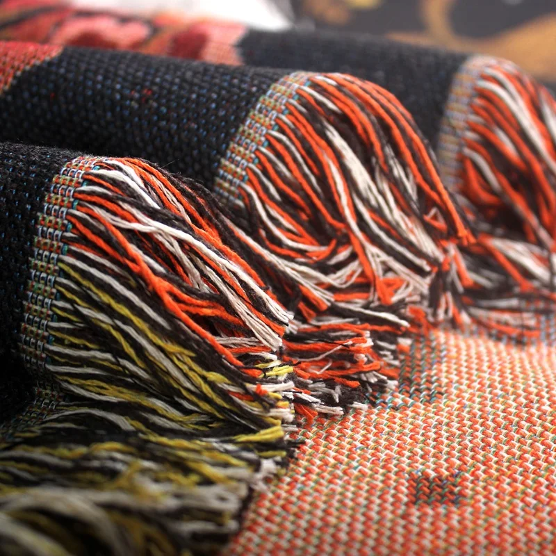 Custom Five Foxes Jacquard Tassel Throw Cotton Blend Decorative Woven Tapestry Blanket