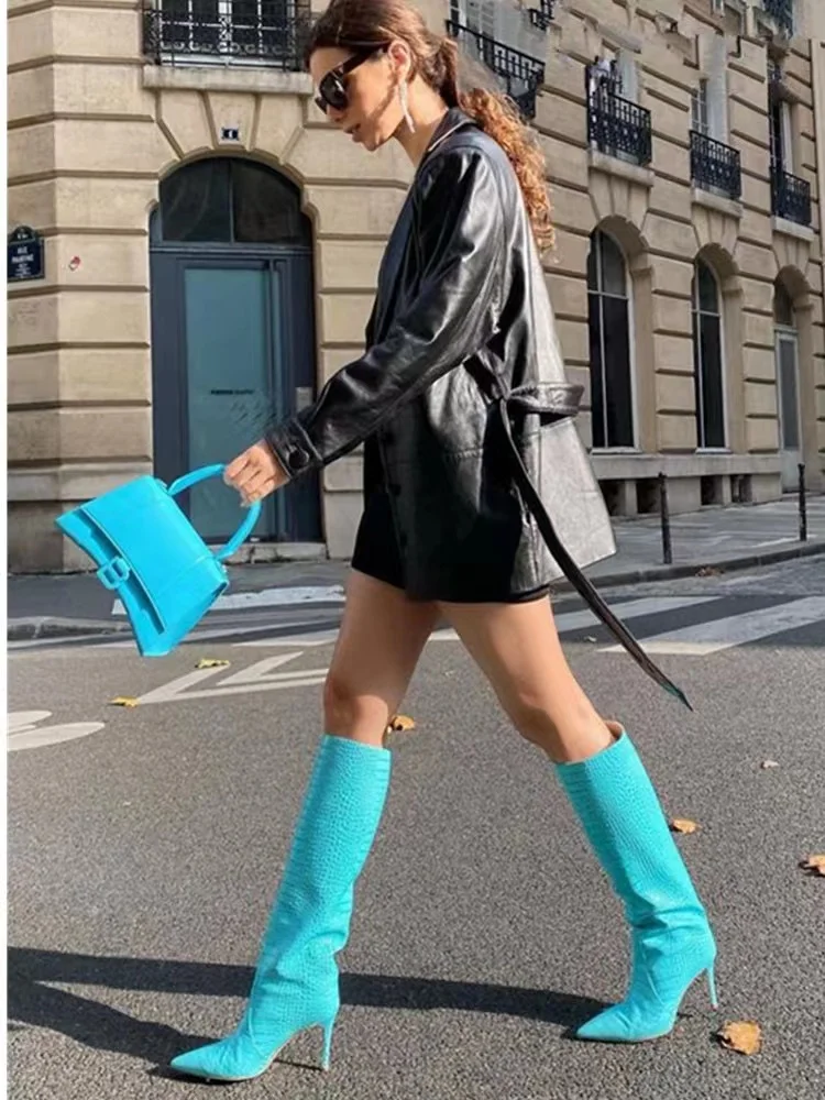 J&H 2023 new trendy boots korean candy color Crocodile grain pointed toe knee high big size Stiletto heeled shoes for ladies