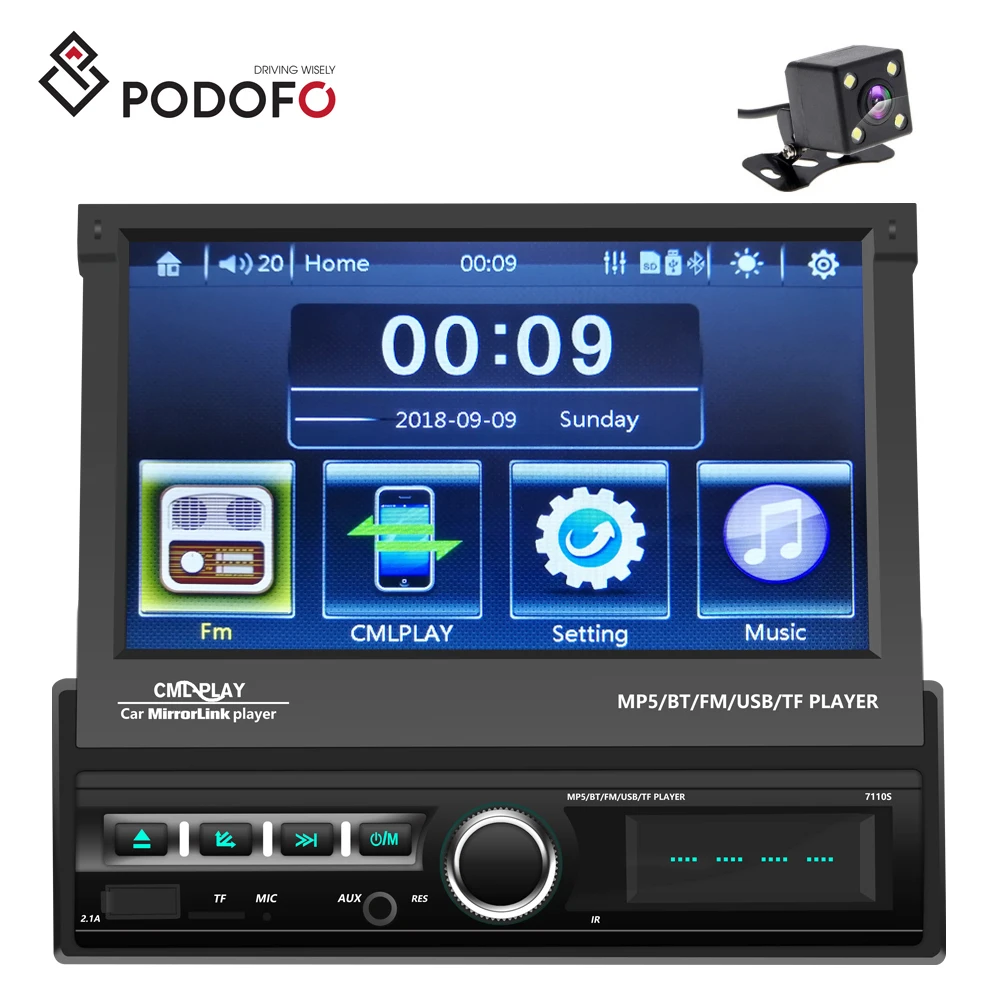 Podofo 1Din стерео 7 'Автомобильный видео выдвижной экран MP5 плеер USB/TF/ FM/BT/телефонная связь + 4LED камера заднего