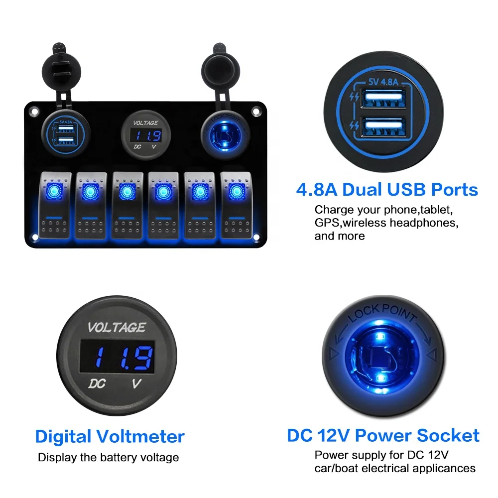  Amomd Car Marine Waterproof Combination Panel 6 Gang 12V Led Rocker Switch Voltmeter USB Charger Socket Cigar