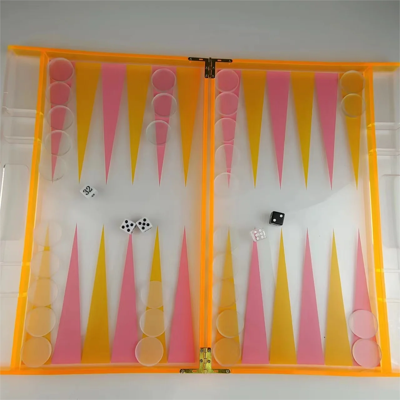 orange pink Waterproof Lucite Backgammon Set high glossy boardgame set Magnetic Closure with Handle