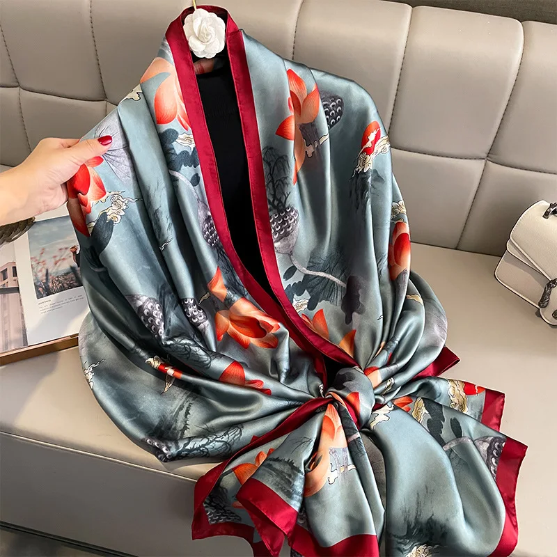 Fashion 180*90cm Silk Scarf Foulard Bandana 2024 Long Scenery Printed Scarf Silk Luxury Shawl