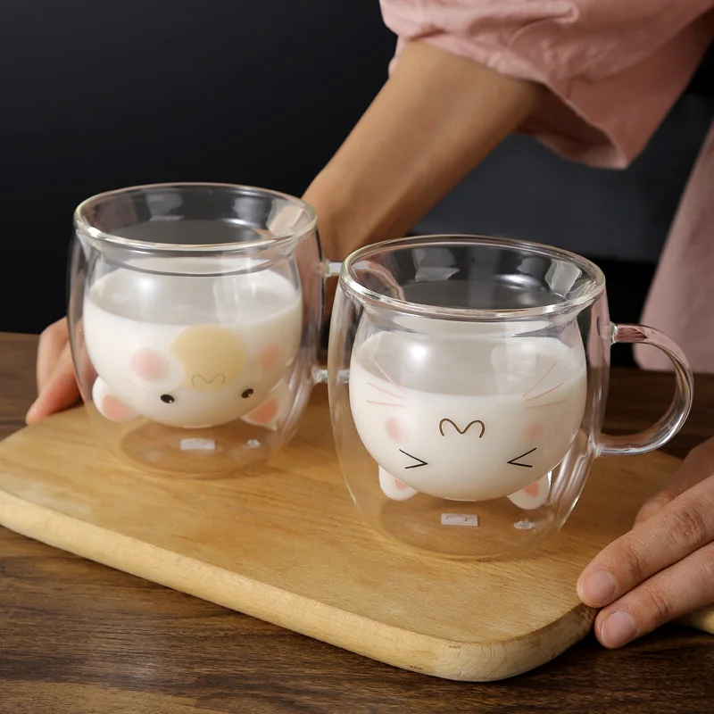 cartoon cup glasstumbler 200ml coffee cup glass 7oz borosilicate glass double wall cup