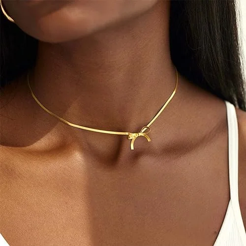 2024 Vintage Style Gold Plated Stainless Steel Snake Bowknot Ribbon Choker Necklace Tarnish-Free Bow Party Wedding Gift Ideas