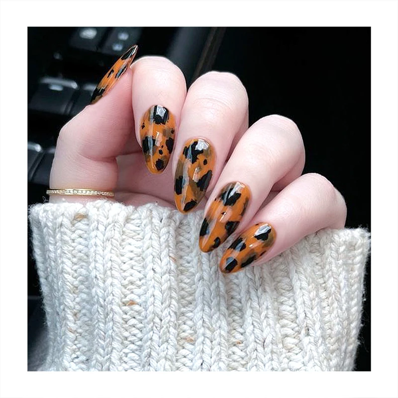 New Style Long Almond False Nails Mirror Brown Color Nails Tip Mixed Black Flake Luxury Custom Logo Private Label Press On Nails