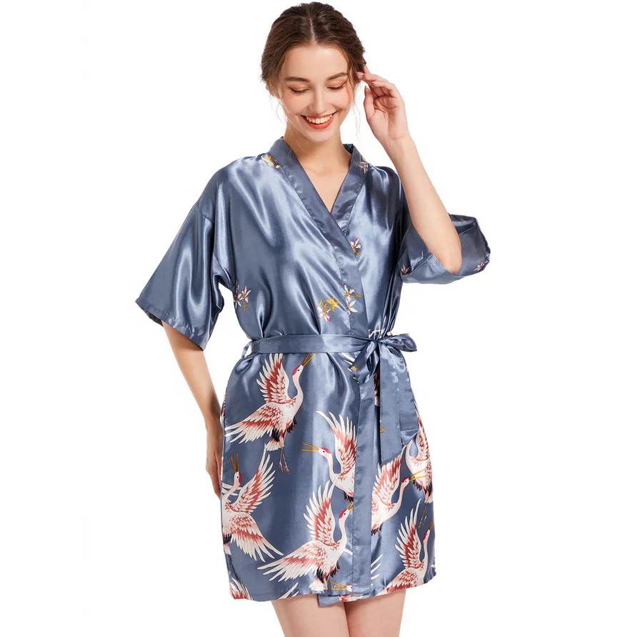 Wholesale Lady Ice Silk Sleepwear Summer Sexy V Neck Long Robe Wedding Morning Gown Home Dressing Floral Bathrobe for Women