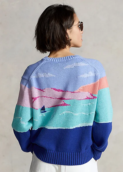 VSCOO Good Quality Wholesale Custom Landscape Graphic Jacquard Ladies Crew Neck Long Sleeve Women Sweater