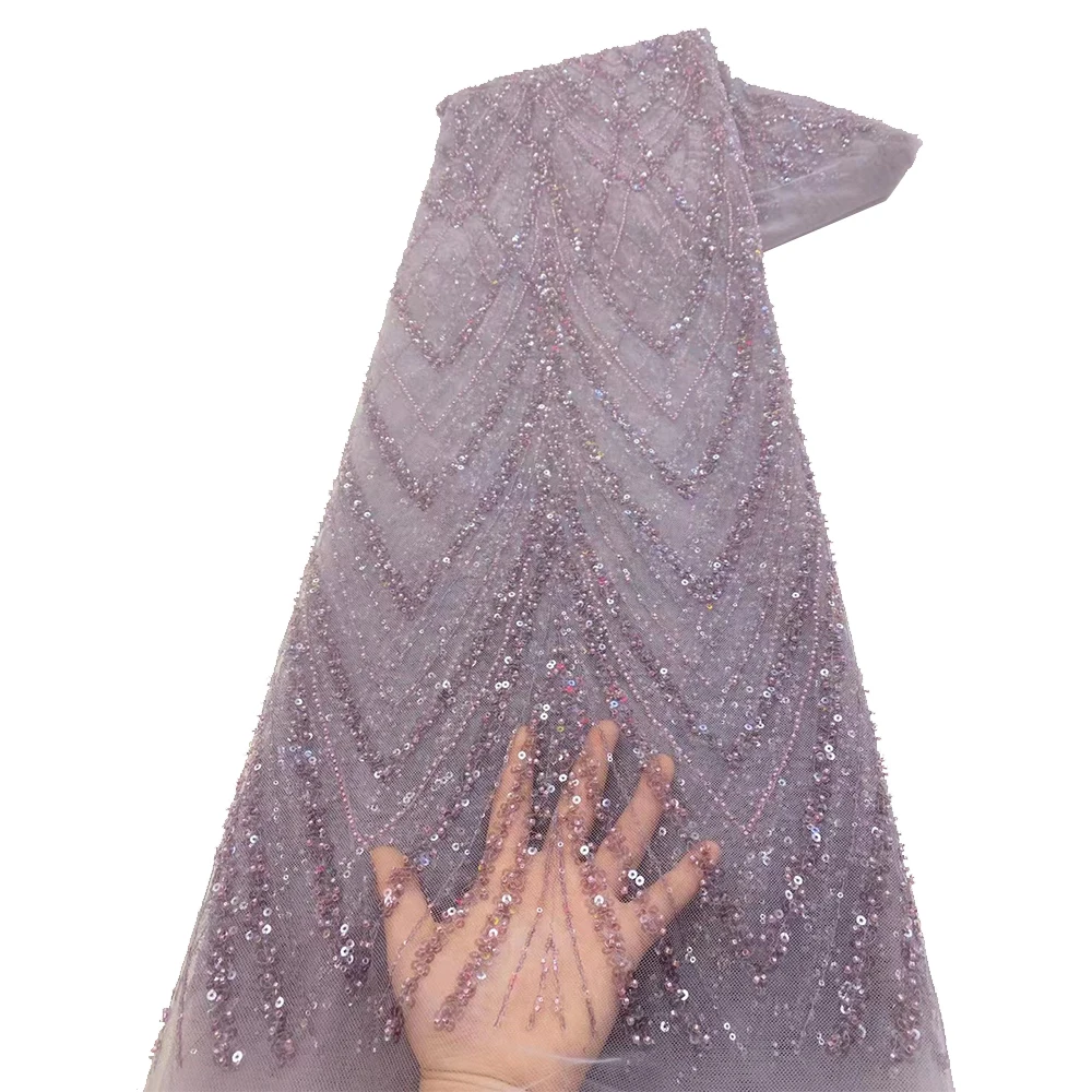 NI.AI Baby Pink Sequins French Lace Fabric With Sequence And Embroidered High Quality Beaded Lace Fabric For Women Party Dress