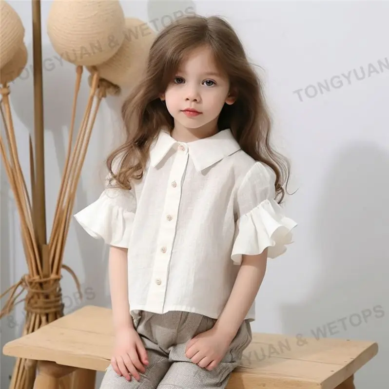 Korean Style Kids Girls White Blouse Beautiful Children Linen Cotton Shirts