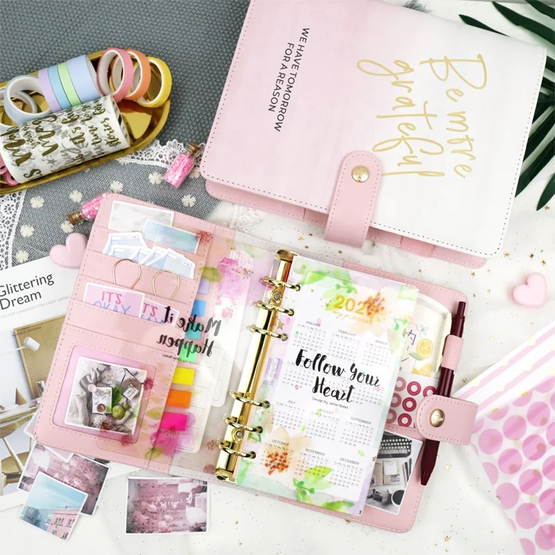 Custom Loose Leaf 6 Ring Leather Monthly Binder Planner Agenda Organizer Diary Notebook With Stickers And Inner Pages