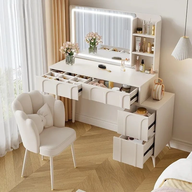 High end white Electrical Outlet Makeup Vanity table with LED Light Sliding Mirror Dressing Table
