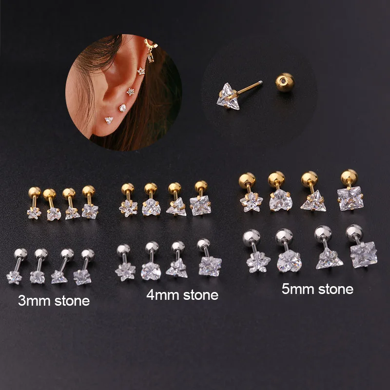YW 20G Star Heart Triangle Square Shape Gold Cartilage Earring Helix Piercing Jewelry Rook Conch Tragus Screw Back Stud