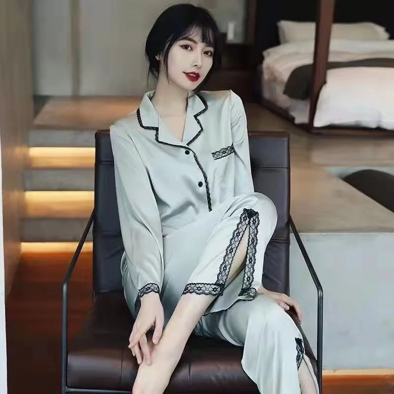 Spring and autumn new pajama set long sleeve pants two-piece set lace silk loungewear for women