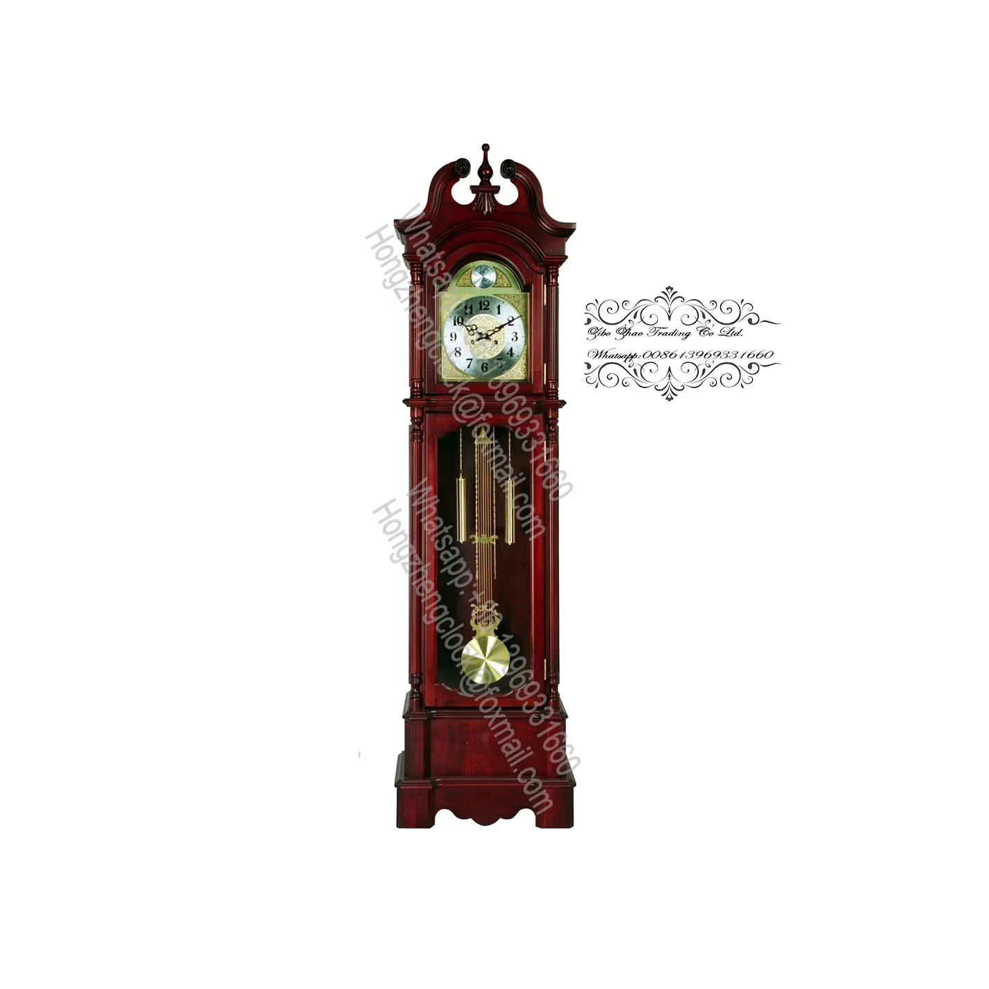Solid Wood Grandfather Clock Graceful bonnet pediment with a decorative overlay on the crown
