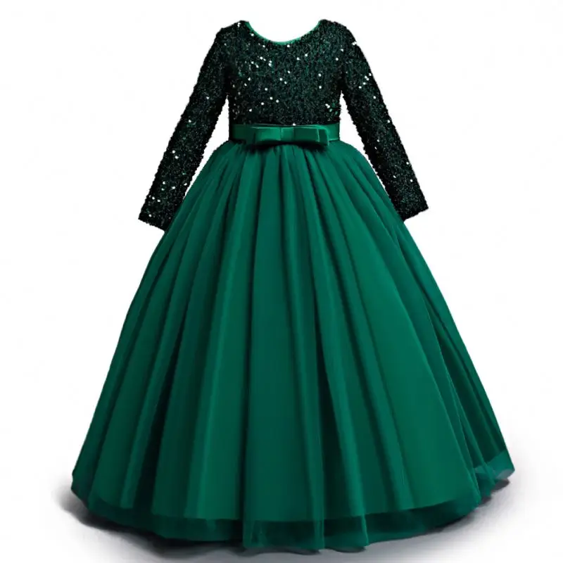 Western style gorgeous princess gown for girls  green long sleeve Sequin big girl party dresses girl party dresses for 12Y