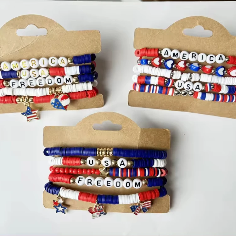 Rainbow Heishi Bracelets for Women 6 pcs/set Handmade Soft Polymer Clay American USA Flag Stretch Bracelet