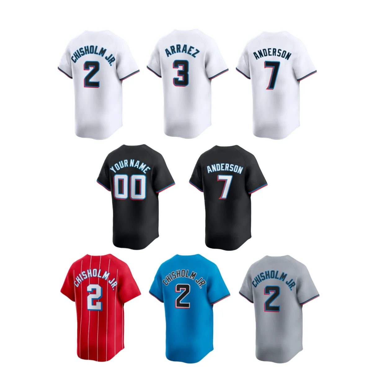 2024 новая вышитая американская бейсбольная майка Miami 2 Jazz Chisholm Jr. 7 Tim Anderson 3 Luis Arraez 10 Yuli Gurriel 22 Alcantara