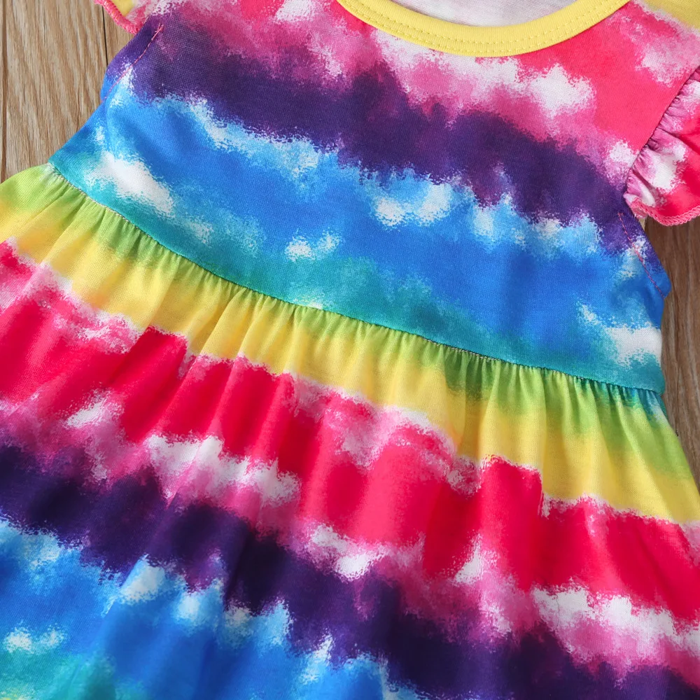 
Kids Little Girls Summer Casual Dress Sling Vacation Bohemian Fly-Sleeve Rainbow Beach Sundress 