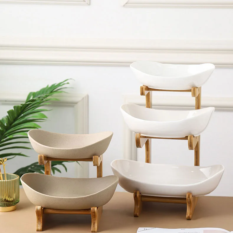 Minimalist 3-Layer Bamboo Wooden Rack Sustainable Household Food Storage-Dish Pottery Ceramic Plate Salad Vegetables Fruits Nuts