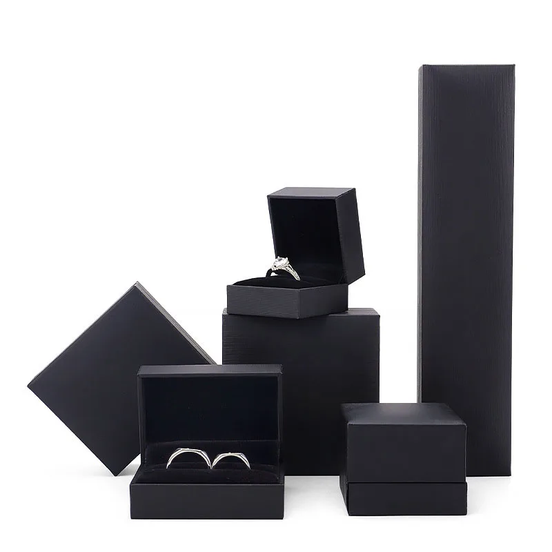 White Luxury Ring Box Plastic Shell Leatherette Paper Stock Engagement Jewelry Set for Double Ring Pendant with Velvet Insert