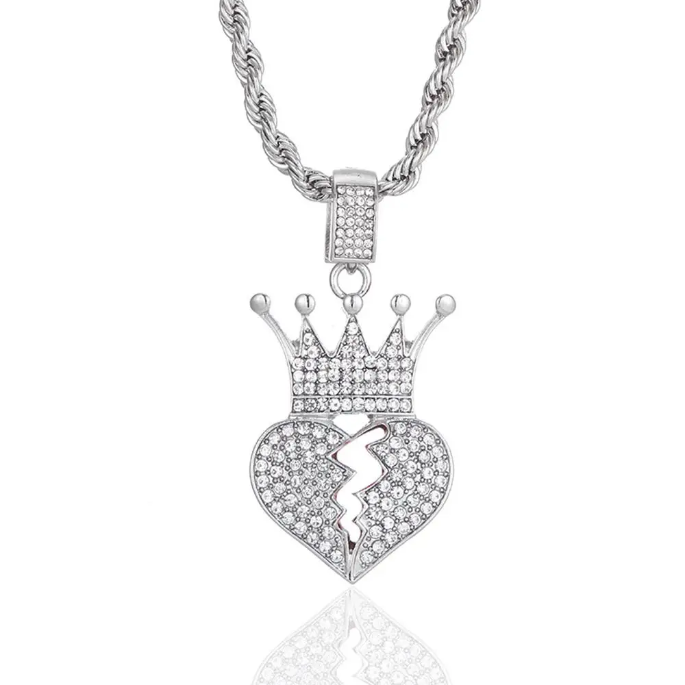 PJ-C501 New Hip Hop Punk Crown Broken Heart Zircon Pendant Lovers Necklace Cuba Chain