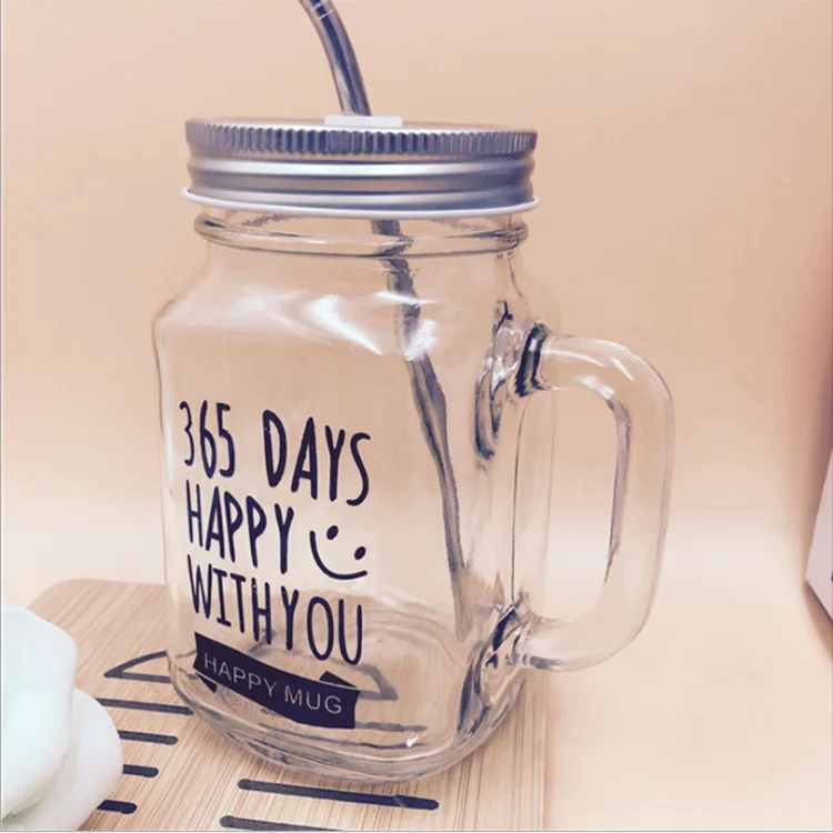 Top Seller Hot Sale Wholesale Colored Glass Mason Jars Cup With Handle And Straw