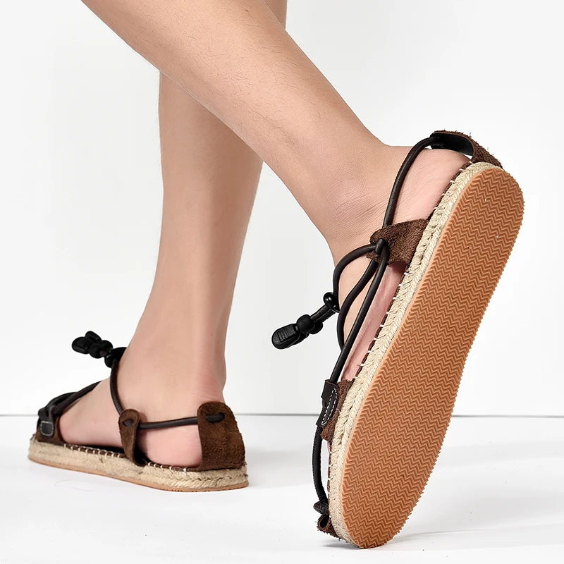 Latest models high quality wholesale rome style women rope leather black straw sandals mens 2021 factory sale