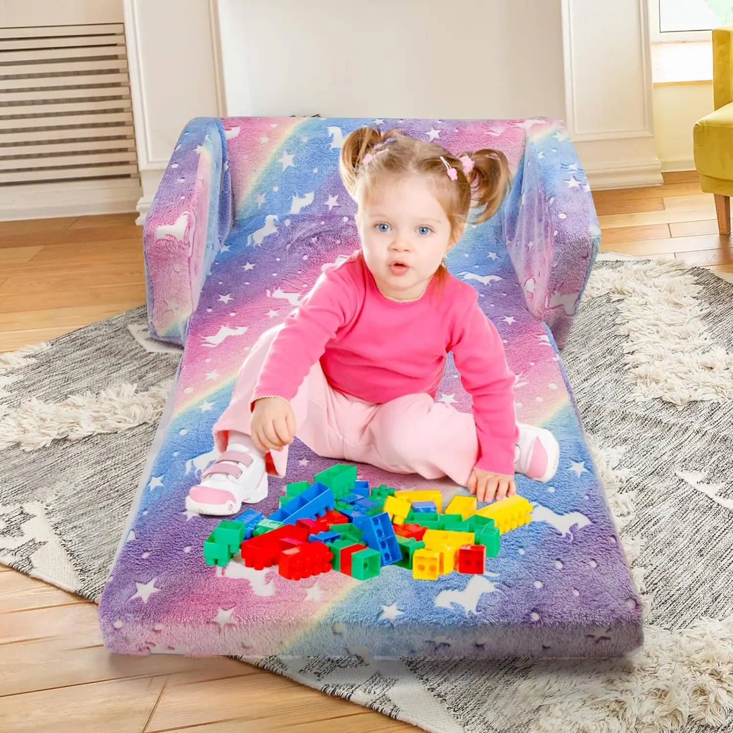 Kids Sofa Toddlers Sofa with Blanket Glow in the Dark Kids Couch Fold Out Toddlers Play Couch 2 Seats Couch for Kids Toddlers