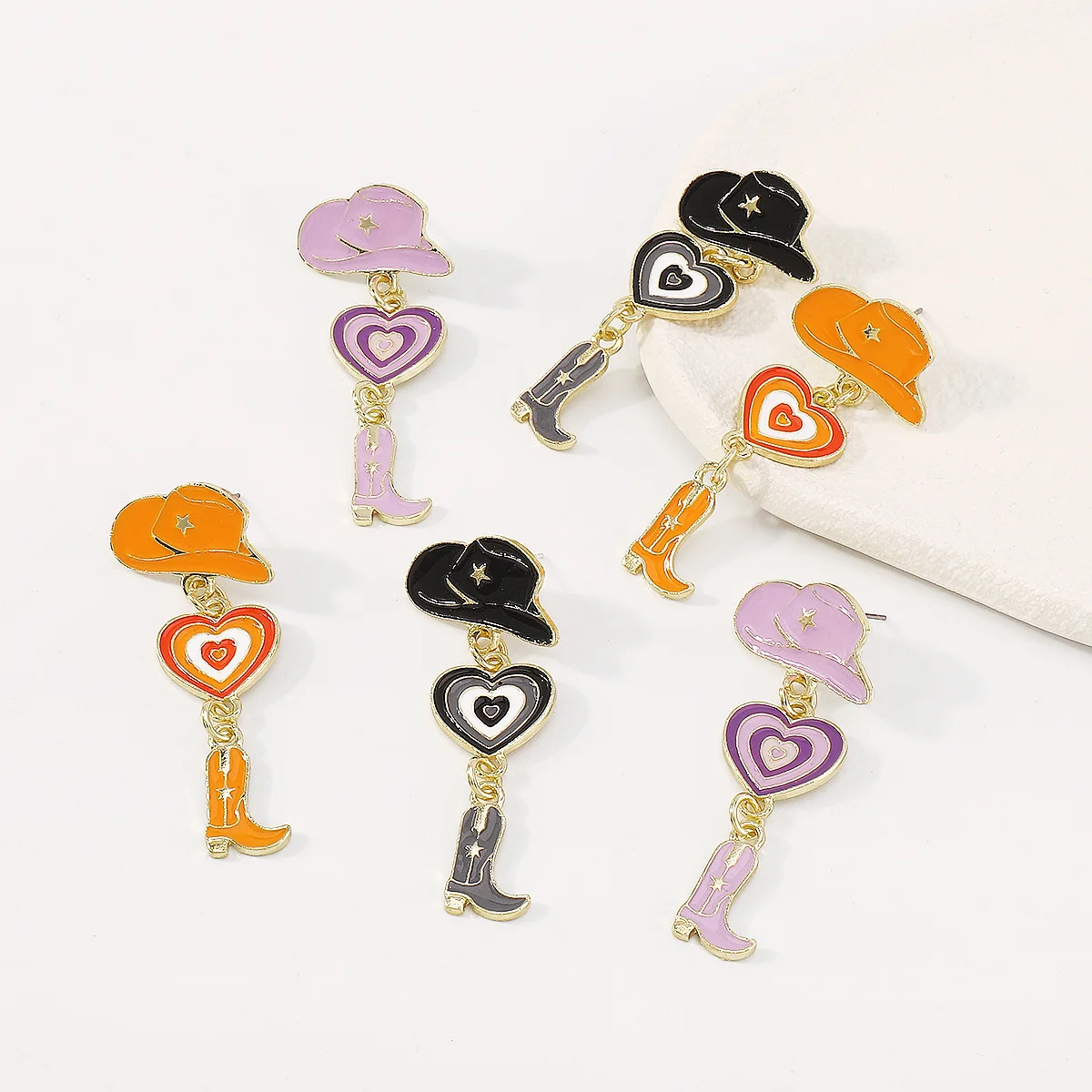 Fashion Hat Love Cowboy Boots Earrings Oil Dripping Multi Layer Modern  Punk Zinc Alloy Heart Earrings for Girl Women Jewelry
