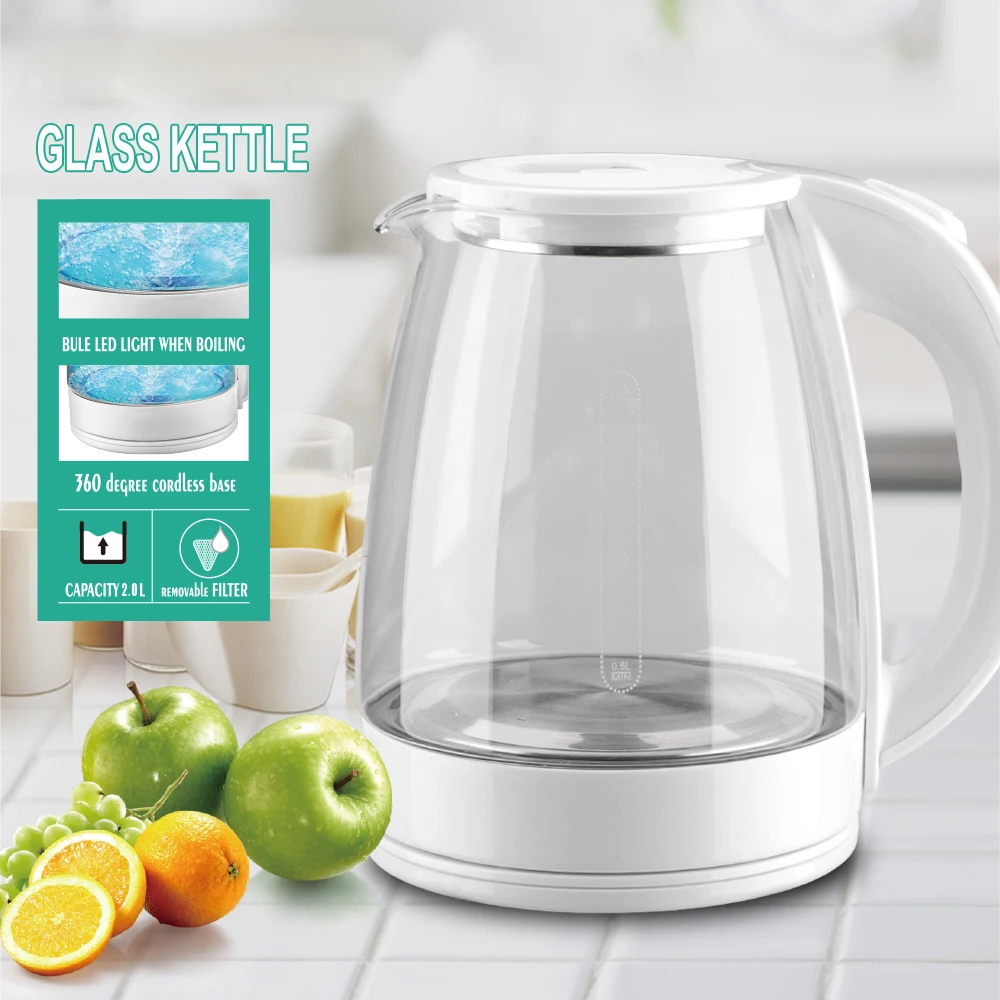 Factory Store Boil-Dry Protection Led Light 2L Water Boiler Water Kettle Glass Electric Kettle