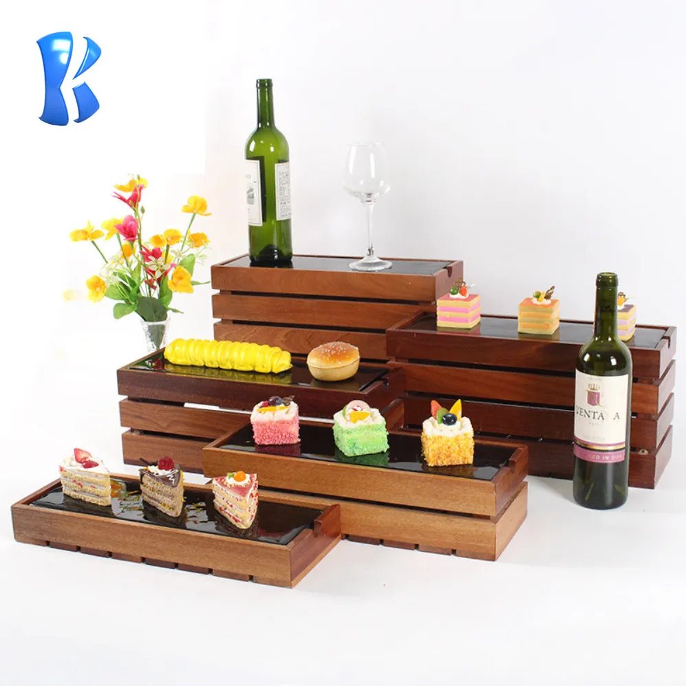 Okey Banquet catering event decoration equipment wooden carved buffet wood dessert display stand rack buffet riser for sale