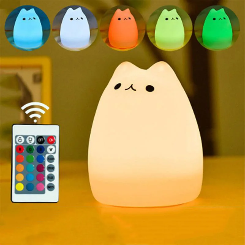 Vofull 2021 Soft Cat Silicone Baby Nursery Lamp 7 Single Colors Sensitive Tap Control Cute Led Night Light for Kids