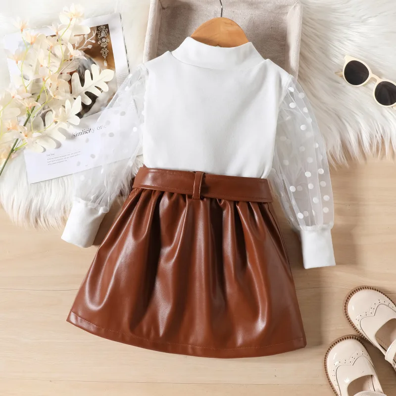 New Arrival Kids 2 Piece Red Brown Leather Skirt and White Lace Top Blouse Shirt Set for Children Girls