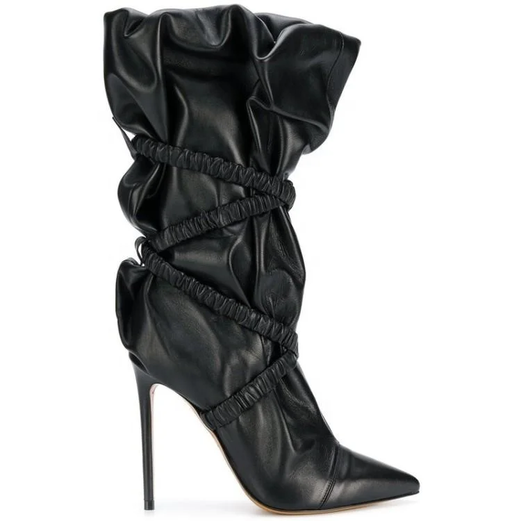 New fashion custom made black soft Nappa PU wrinkles upper pointed toe high heel ladies ankle boots