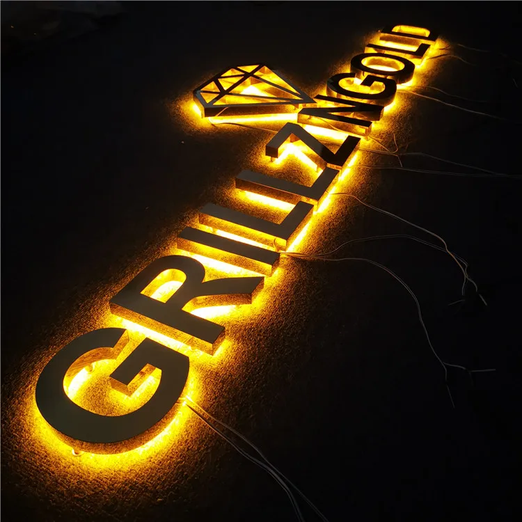 Custom Advertising LED Backlit Sign Mirror Stainless Steel Backlit Sign Gold Stainless Steel Signage