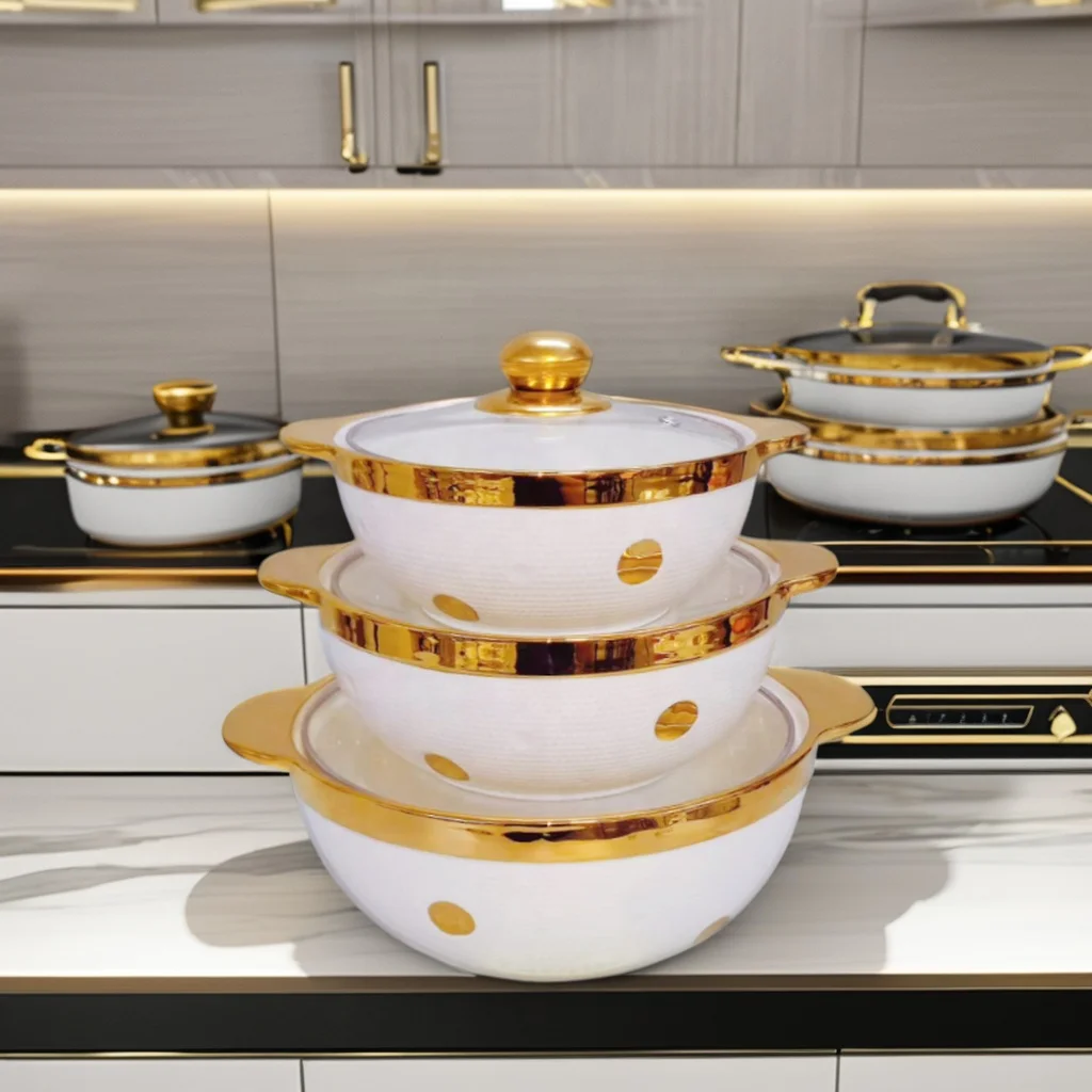 Modern 3pcs Ceramic Soup Pot Set Gold Edge Glass Lid Sustainable Small Pot Soup Cookware Wholesale Luxury Ceramic Soup Stock