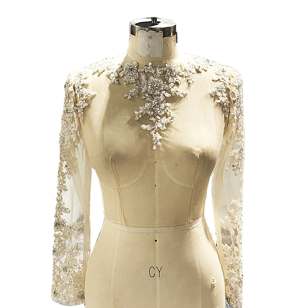 
RSJ151 Nude Tulle Silver Crystal Beaded Lace Appliques Long Sleeves O Neckline Buttons Wedding Bolero Bridal Jackets 