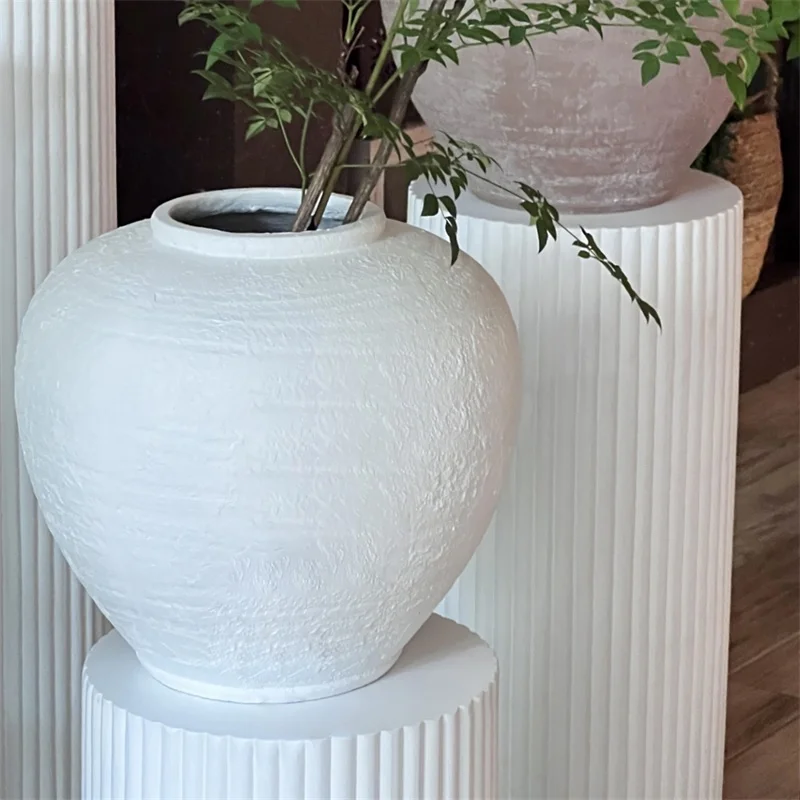 Matt White Vintage Flower Vase Retro Fiber Clay Flower Vases Home Decor Rustic Table Vases for Wedding Center Piece